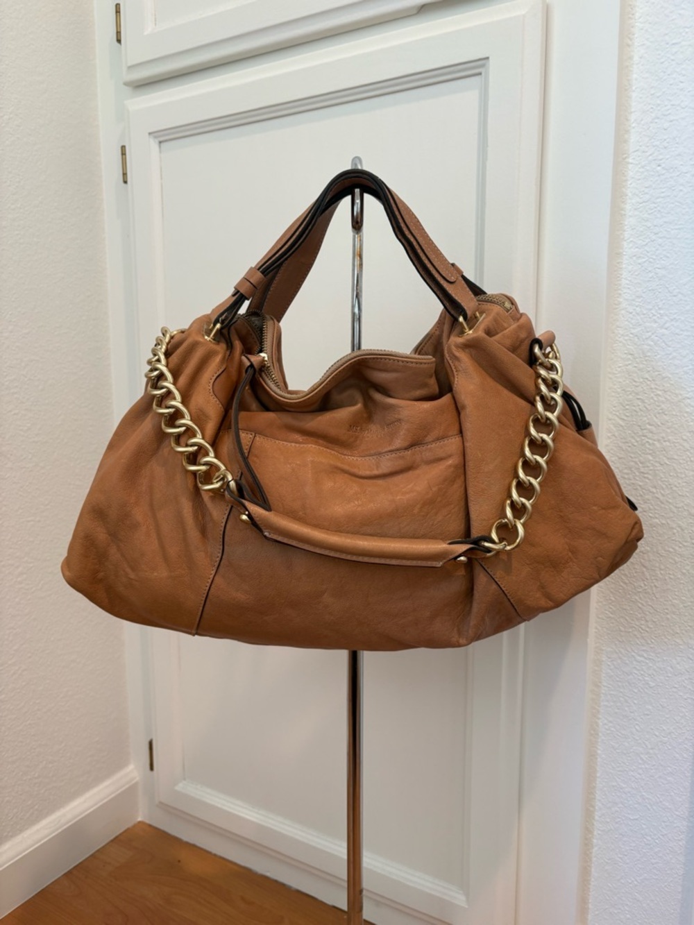 Classic Tan Shoulder Bag with Gold Chain Detail